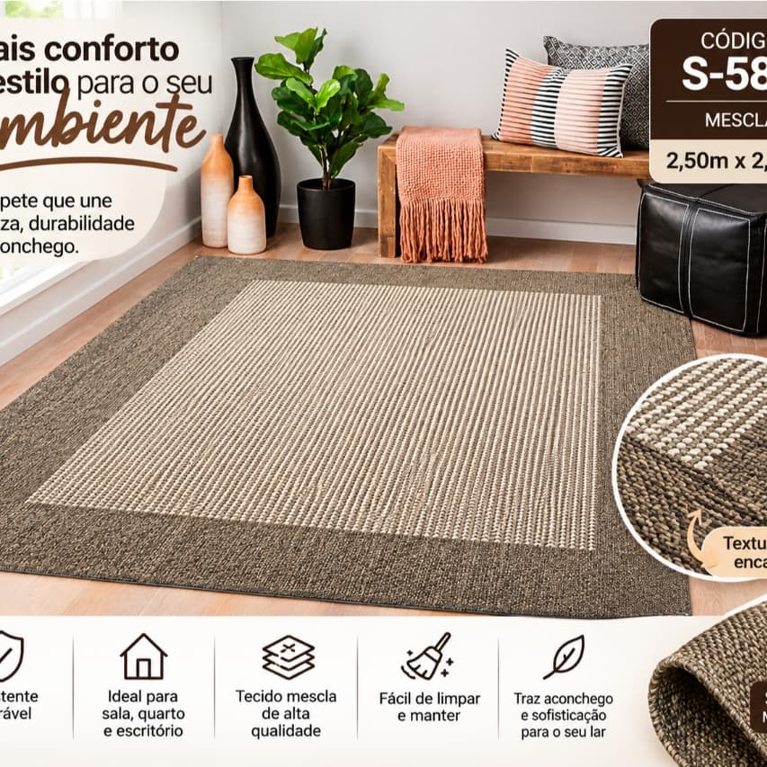 Tapete Sisal 250x200 cm Lancer Sislle Antiderrapante com Cantoneira de Aço Sala Quarto Escritório Premium