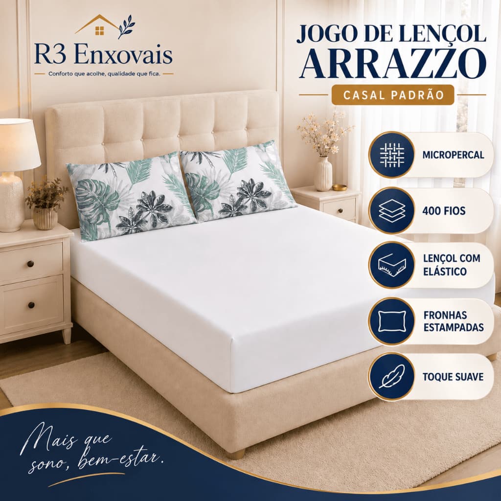 Jogo de Lençol Casal Padrão 3 Peças Roupa de Cama 400 Fios Lençol com Elastico em Toda a Volta Luxo Elegante