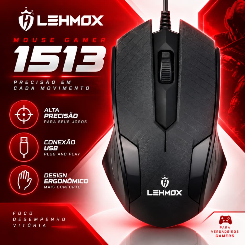 Mouse Gamer Óptico LehMox LEY-1513 USB com Fio Preto para Computador PC Notebook