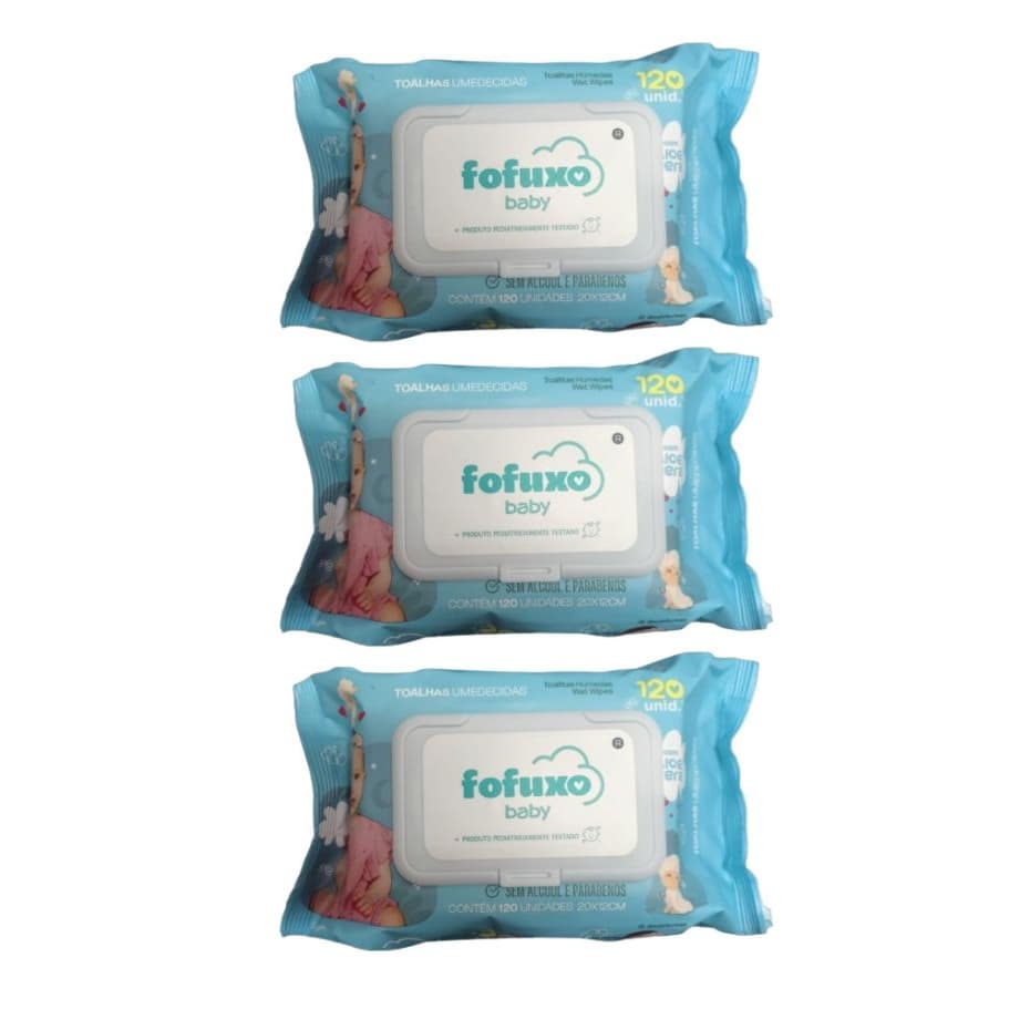 Kit com 3 Lenço Umedecido Fofuxo Premium com 120 unidades