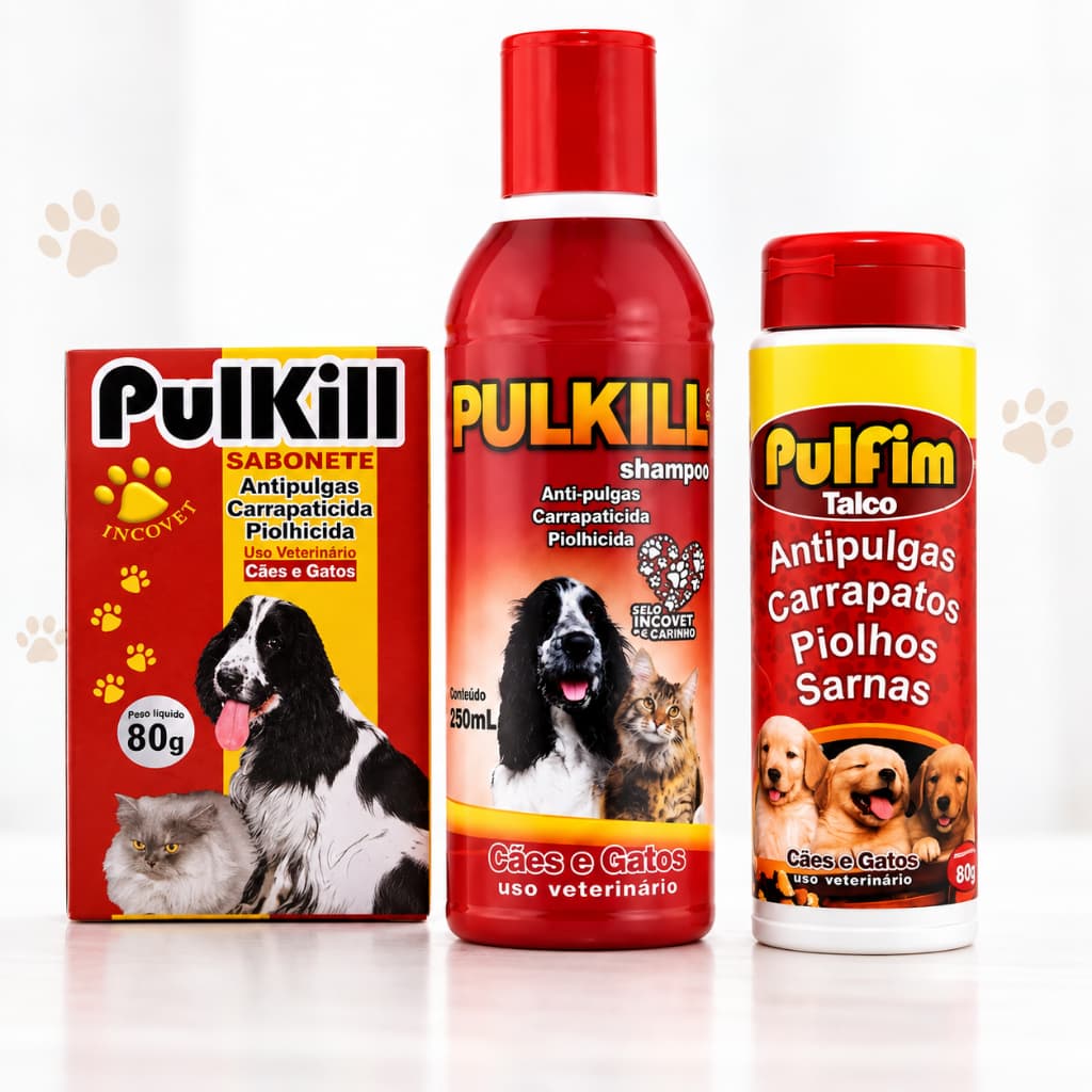 Kit Antipulgas e Carrapatos para Cães e Gatos PulKill Shampoo 250ml + Talco 80g + Sabonete 80g