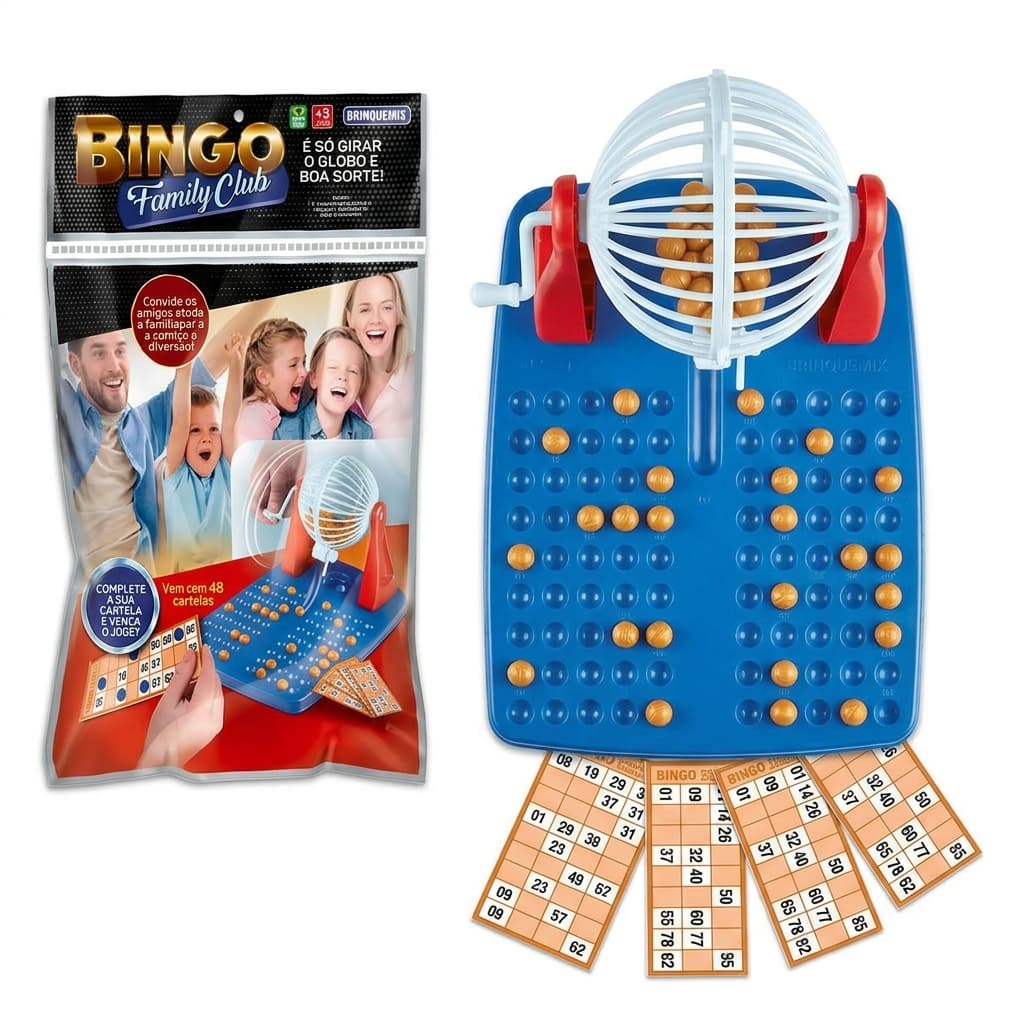 Jogo de Bingo Family Club Brinquemix com Globo e 48 Cartelas - Brinquedo Educativo Família