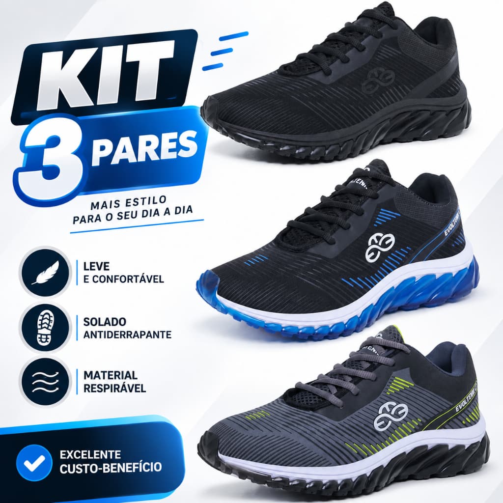Kit 3 Tênis Adulto Esportivo Confortável Academia Oferta
