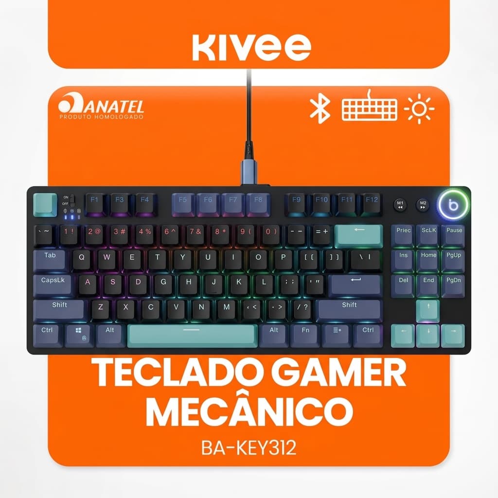 Kivee X Basike Teclado Mecânico Gamer Triplo Modo RGB Bluetooth 2.4G Fio Bateria 2000mAh Longa Duração KEY312
