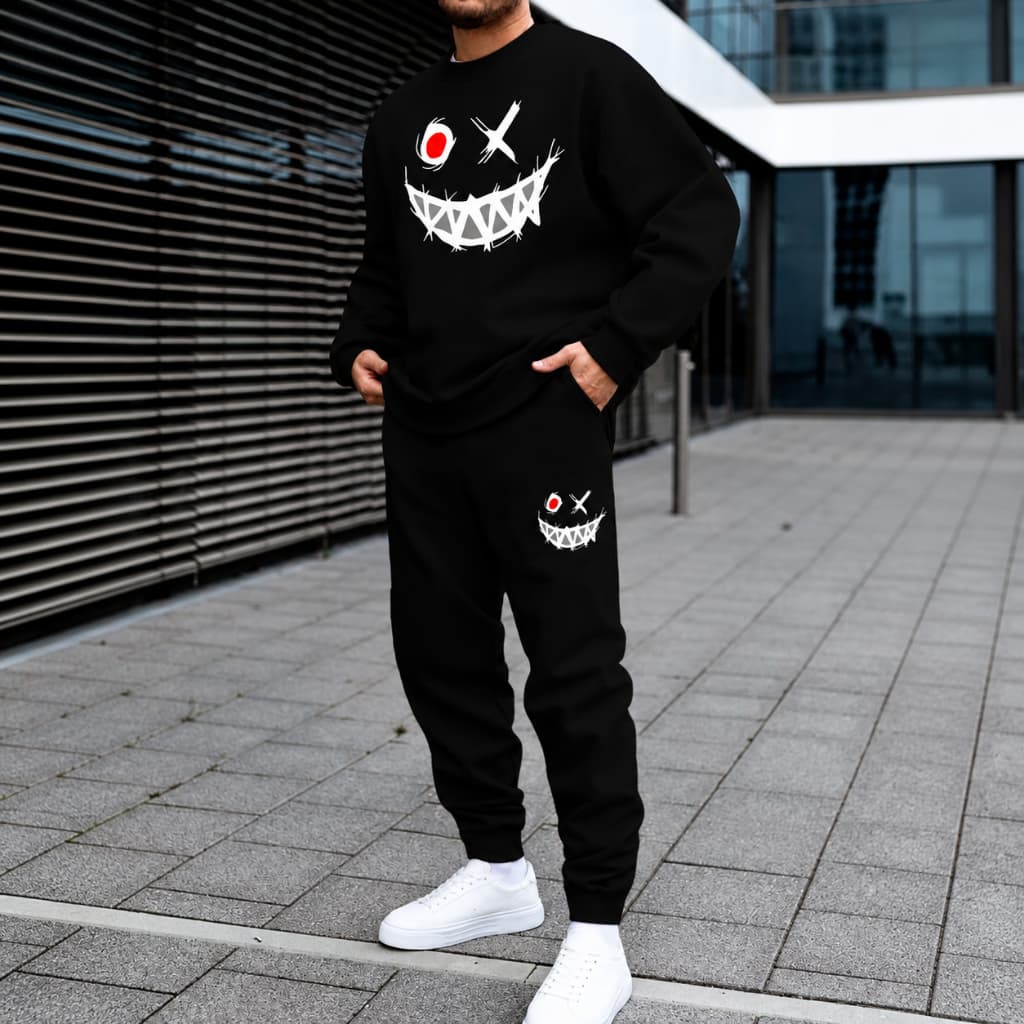 Conjunto Moletom Unissex Smiley Blusa Gola Careca + Calça Flanelado Streetwear Inverno P ao GG
