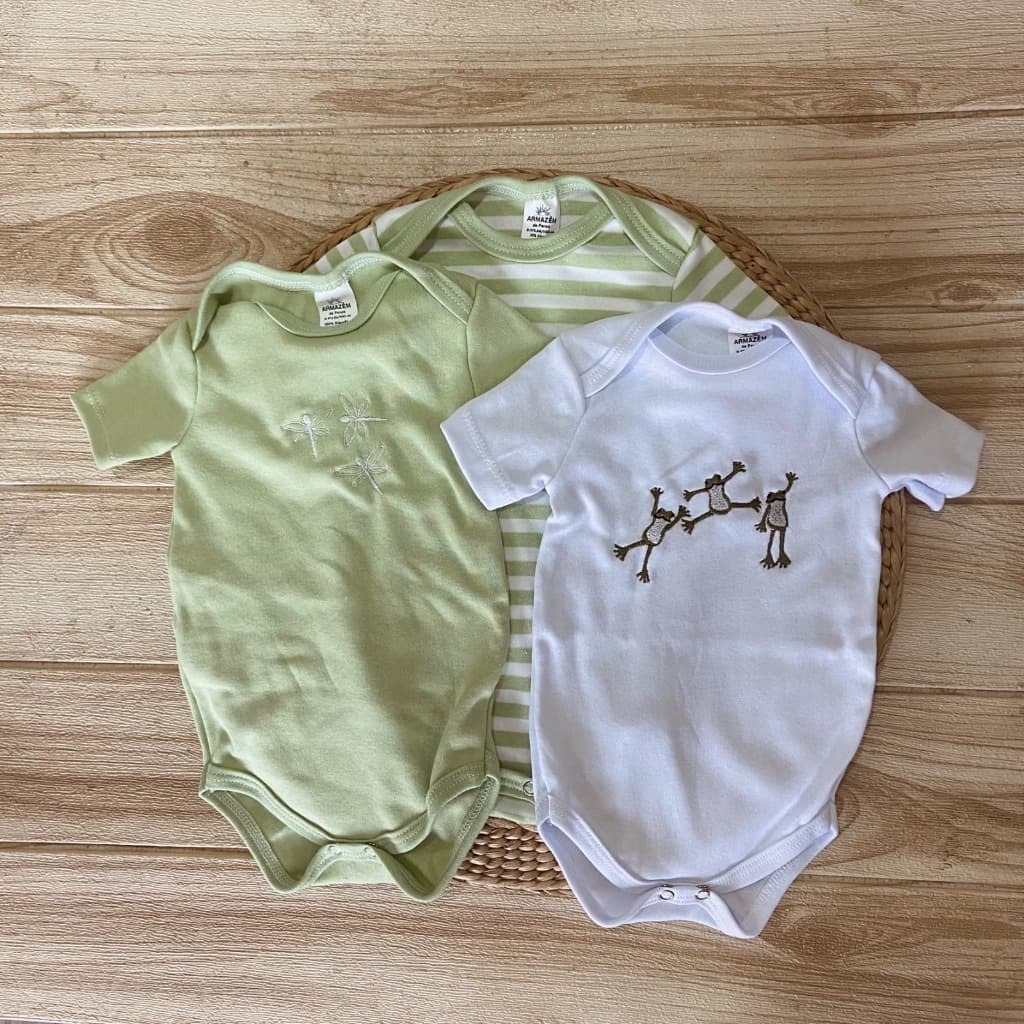 Kit 3 Bodys Manga Curta Laguinho Bebê 100% Algodão Macio Enxoval Maternidade Recém Nascido