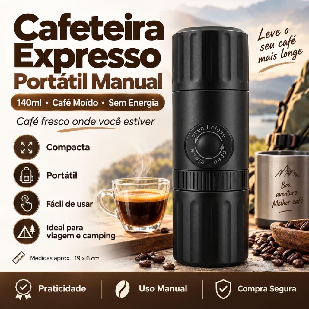 Cafeteira Expresso Portátil Manual 140ml para Café Moído Sem Energia Compacta Viagem Camping Trabalho Casa