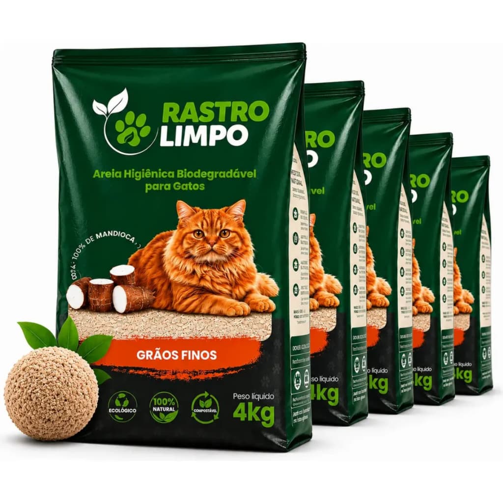Areia Sanitária Para Gatos 100% Mandioca Biodegradável Grãos Finos Higiênica Granulado 20kg Rastro Limpo