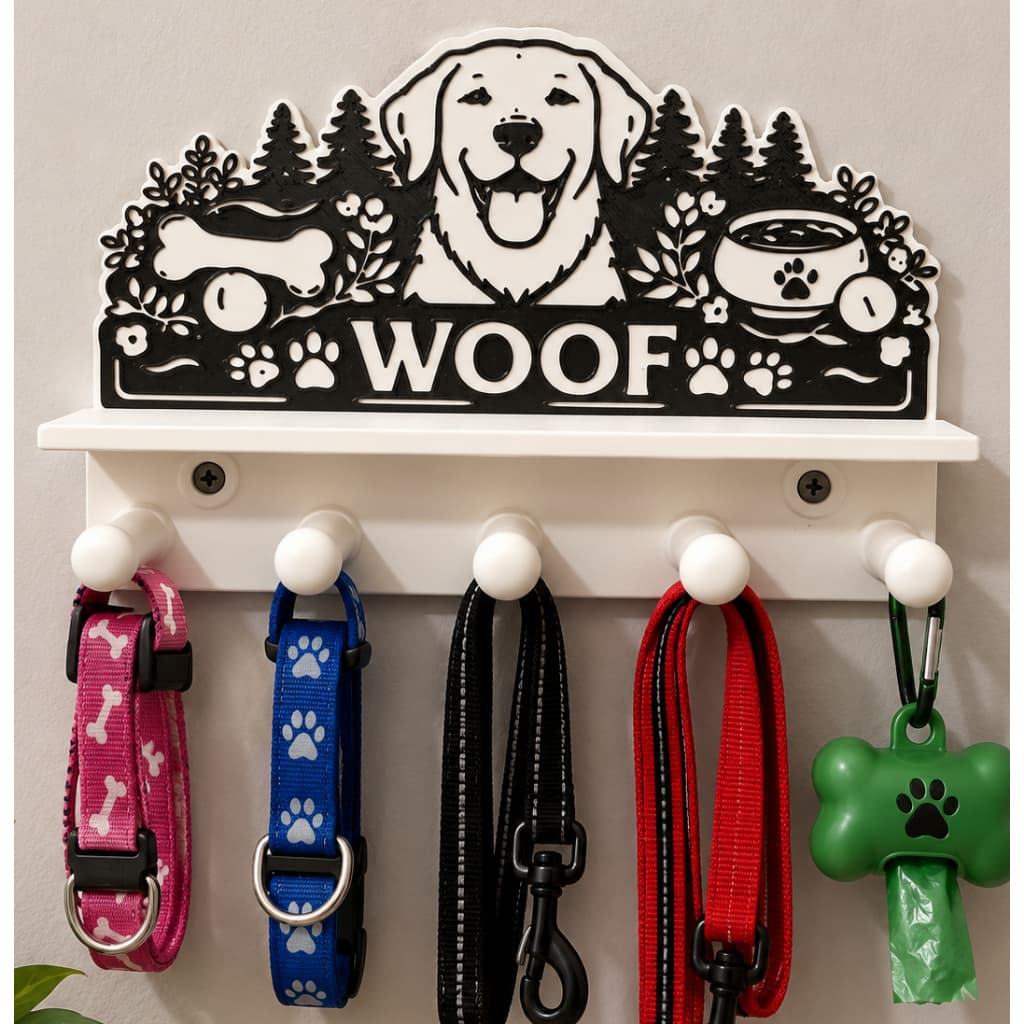 Porta Coleiras Pet de Parede com 5 Ganchos – Organizador para Guias e Acessórios de Cachorro 3D