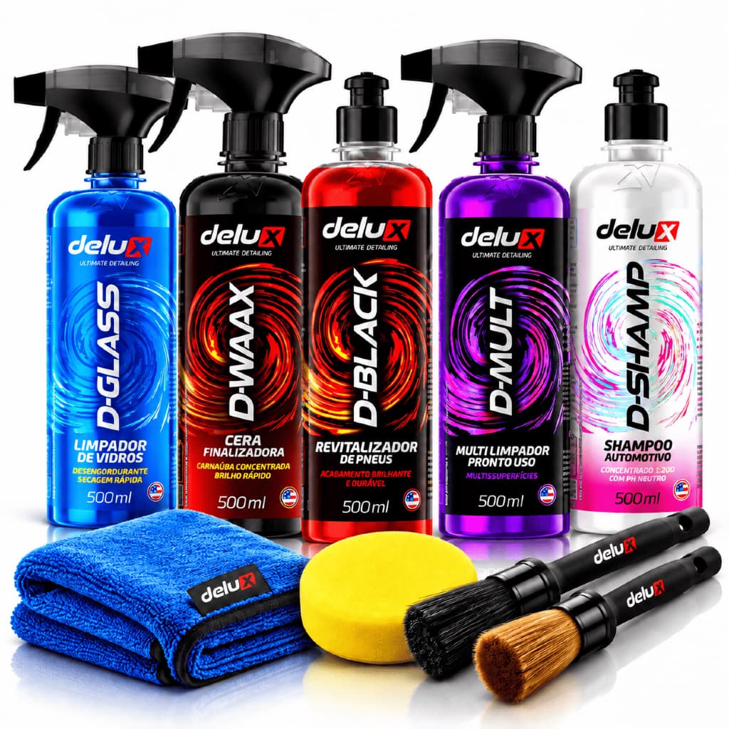 Kit Limpeza Automotiva Para Carro Delux 5 Produtos 500ml com Microfibra Esponja e Pincéis