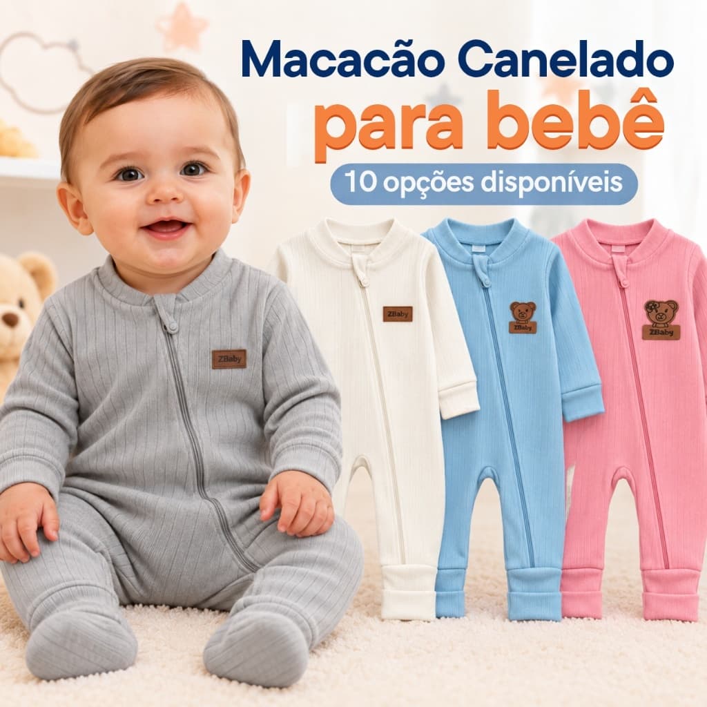 Macacão Bebê Menino Menina Unissex Canelado 100% Algodão Zíper Vira Pé Manga Longa Recém Nascido Roupa De Bebê