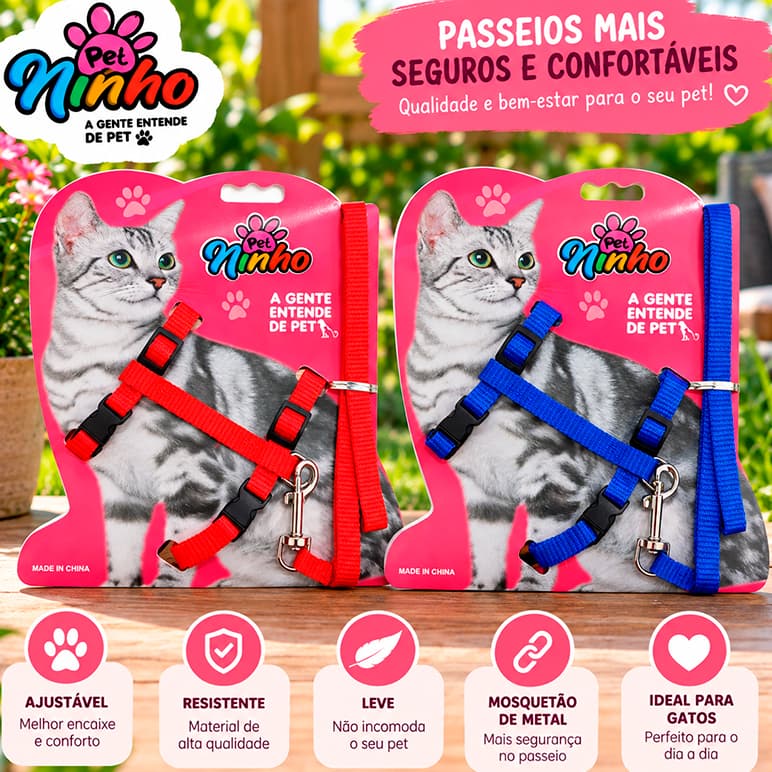 Kit Coleira e Guia para Gatos Ajustável em Nylon Resistente Sortidas Passeio Pet Peitoral Confortável e Segura