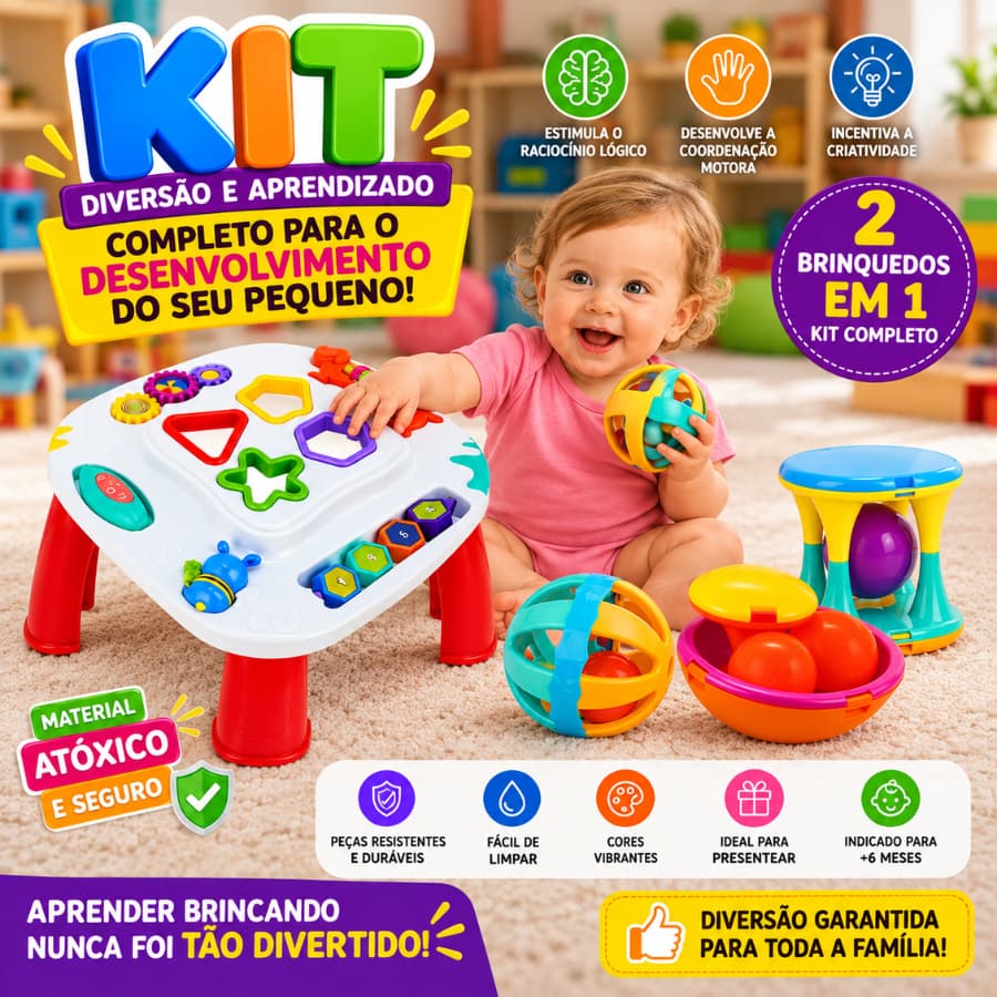 Kit 2 em 1 Mesinha Didática Infantil + Chocalho de Encaixe Brinquedo Educativo Coordenação Motora