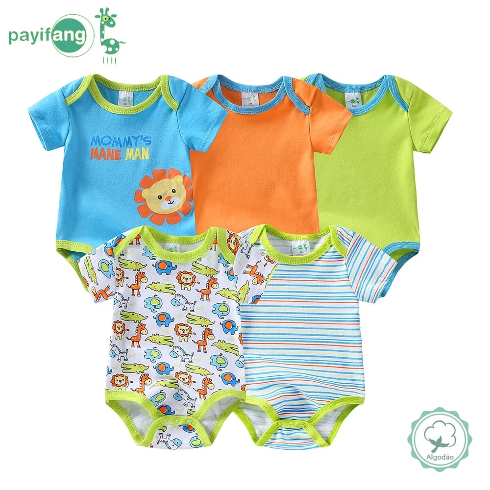 Kit 5 Peças Body Bebê Manga Curta 100% Algodão Leão Safari 0 a 12 Meses Macio Confortável Enxoval Infantil
