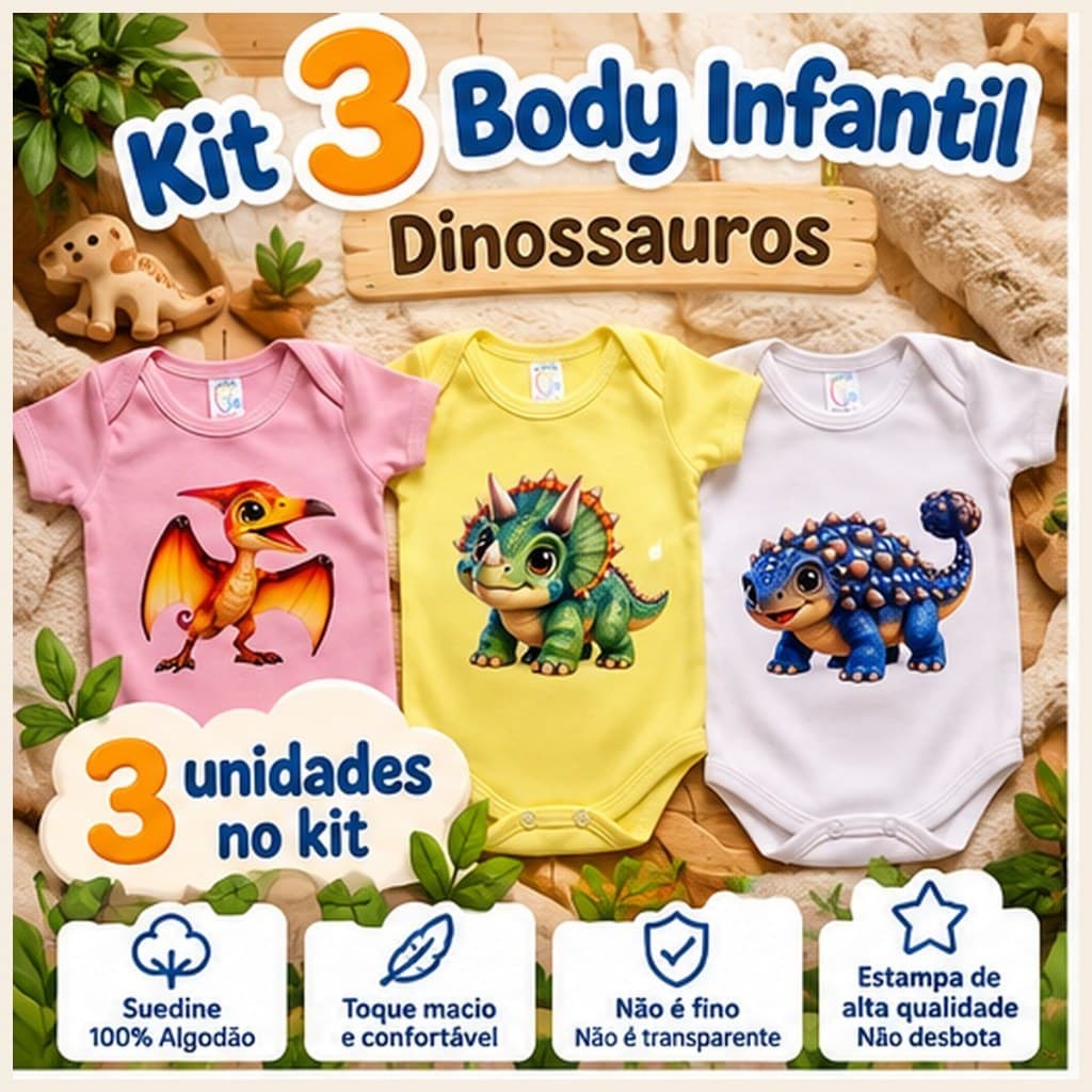 Kit Body Bebê Infantil Dinossauro Suedine 100% Algodão Manga Curta Menina RN P M G Enxoval Roupa Bebê
