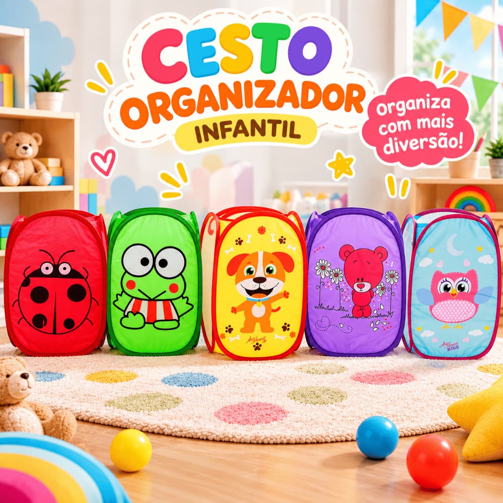Cesto Organizador Infantil Dobrável Brinquedos Roupas Multiuso Telado Lino Cachorro