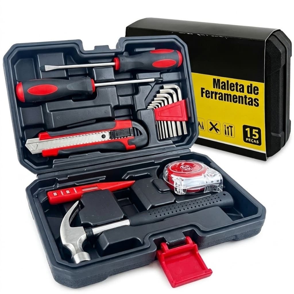 Maleta de Ferramentas Kit Completo 15 Peças Chave de Fenda Phillips Allen Martelo Trena Estilete Teste de Tensão