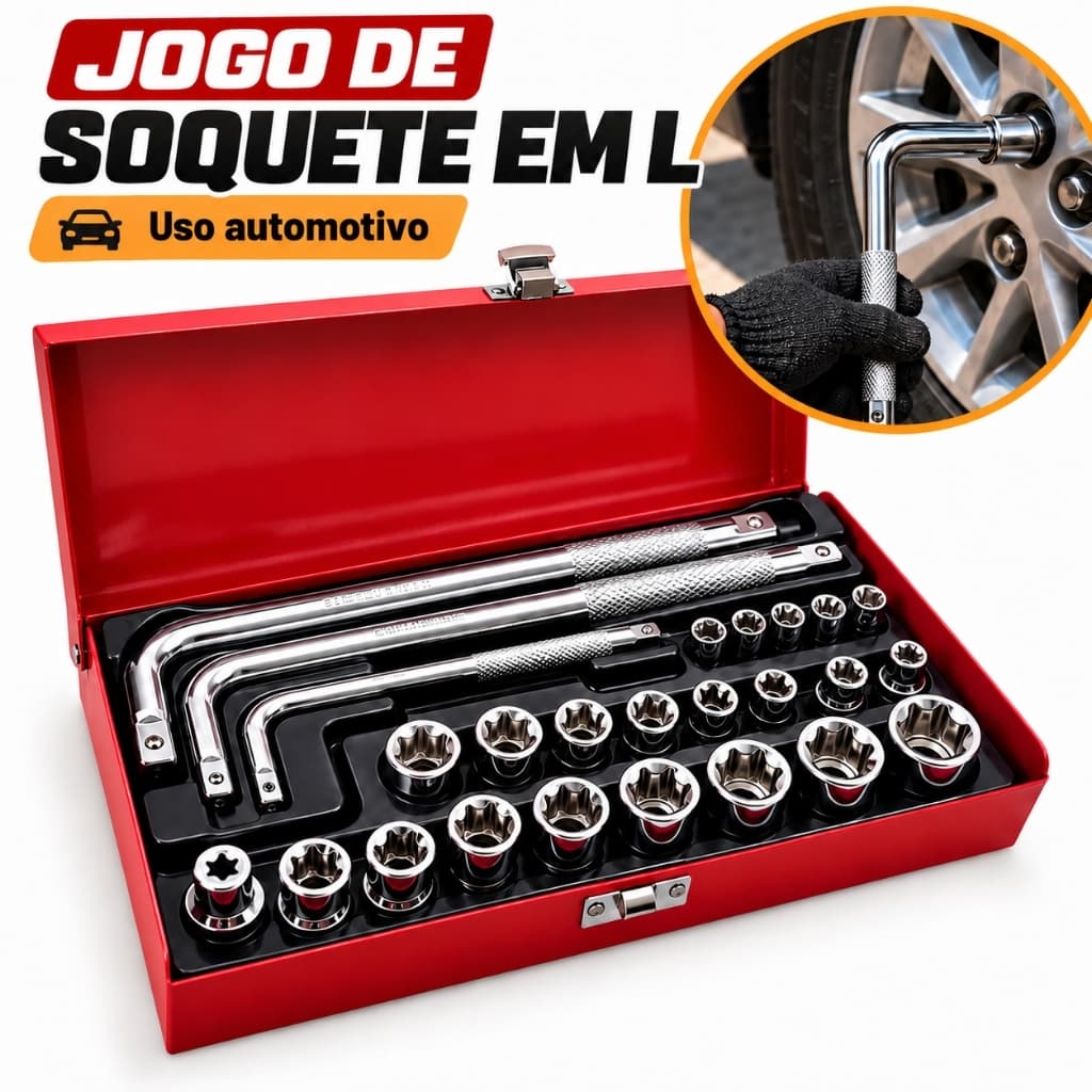 Kit 25 Jogo de Soquetes Automotivo com Chave em L