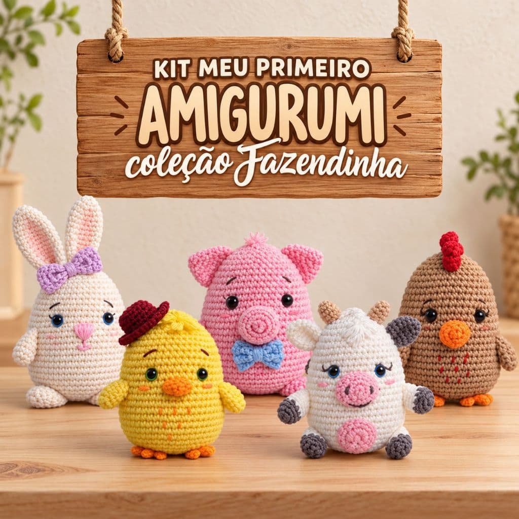 Kit Meu Primeiro Amigurumi Fazendinha Círculo com Receita e Materiais para Crochê
