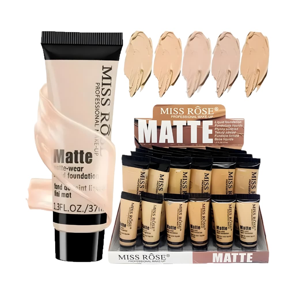 Base Líquida Miss Rose Matte Alta Cobertura Longa Duração e Acabamento Seco Profissional 37ml