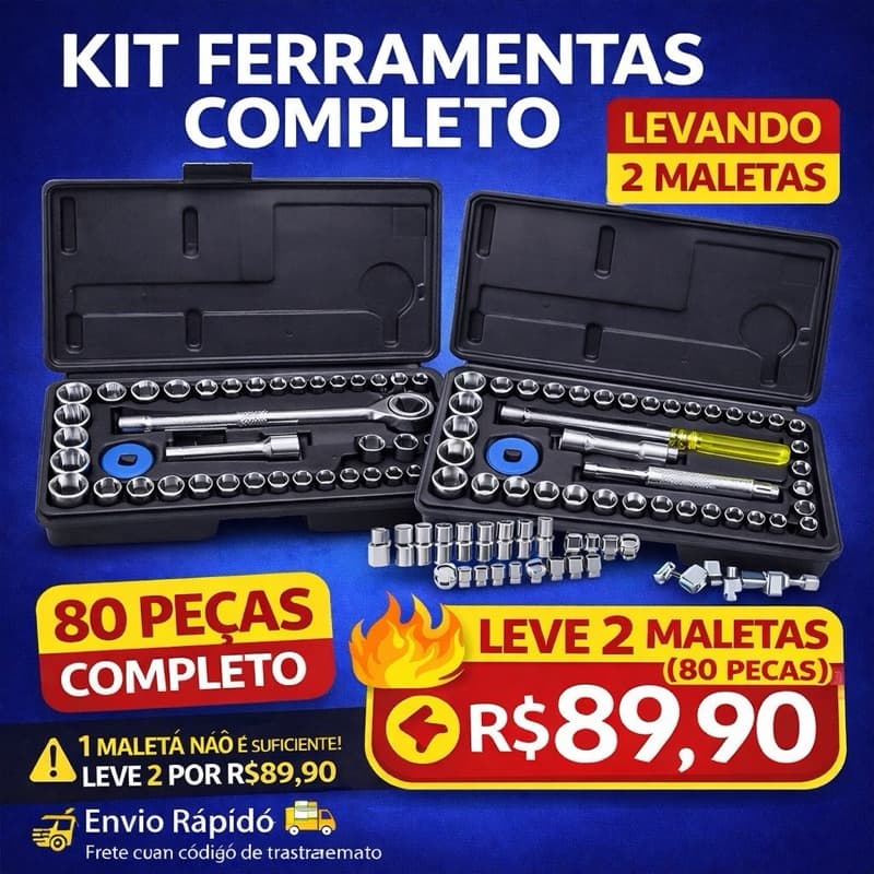 Kit Ferramentas Profissional 80 Peças com 2 Maletas – Chave Catraca + Soquetes Completo Mecânico Automotivo