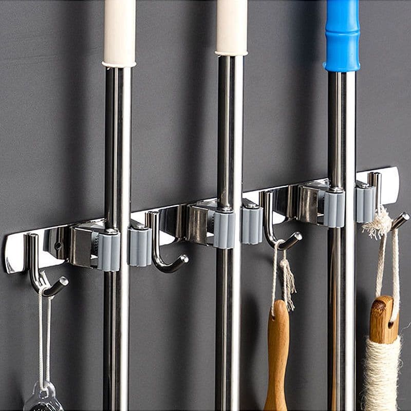 Suporte Inox Multiuso de Parede - Gancho para Vassoura, Rodo e Pá, Organize sua Cozinha!