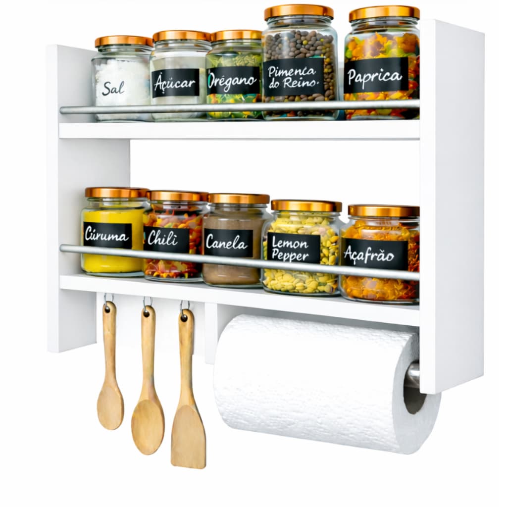 Porta Temperos de Parede com Suporte Papel Toalha e Ganchos Organizador Cozinha