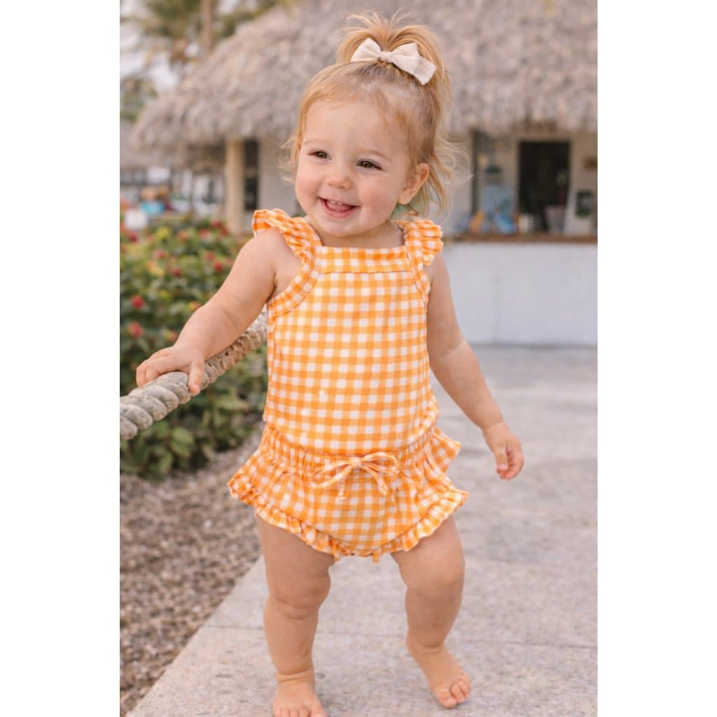 Conjunto Bebê Canelado Verão Infantil Body e Tapa Fralda Babado Xadrez Laranja Menina