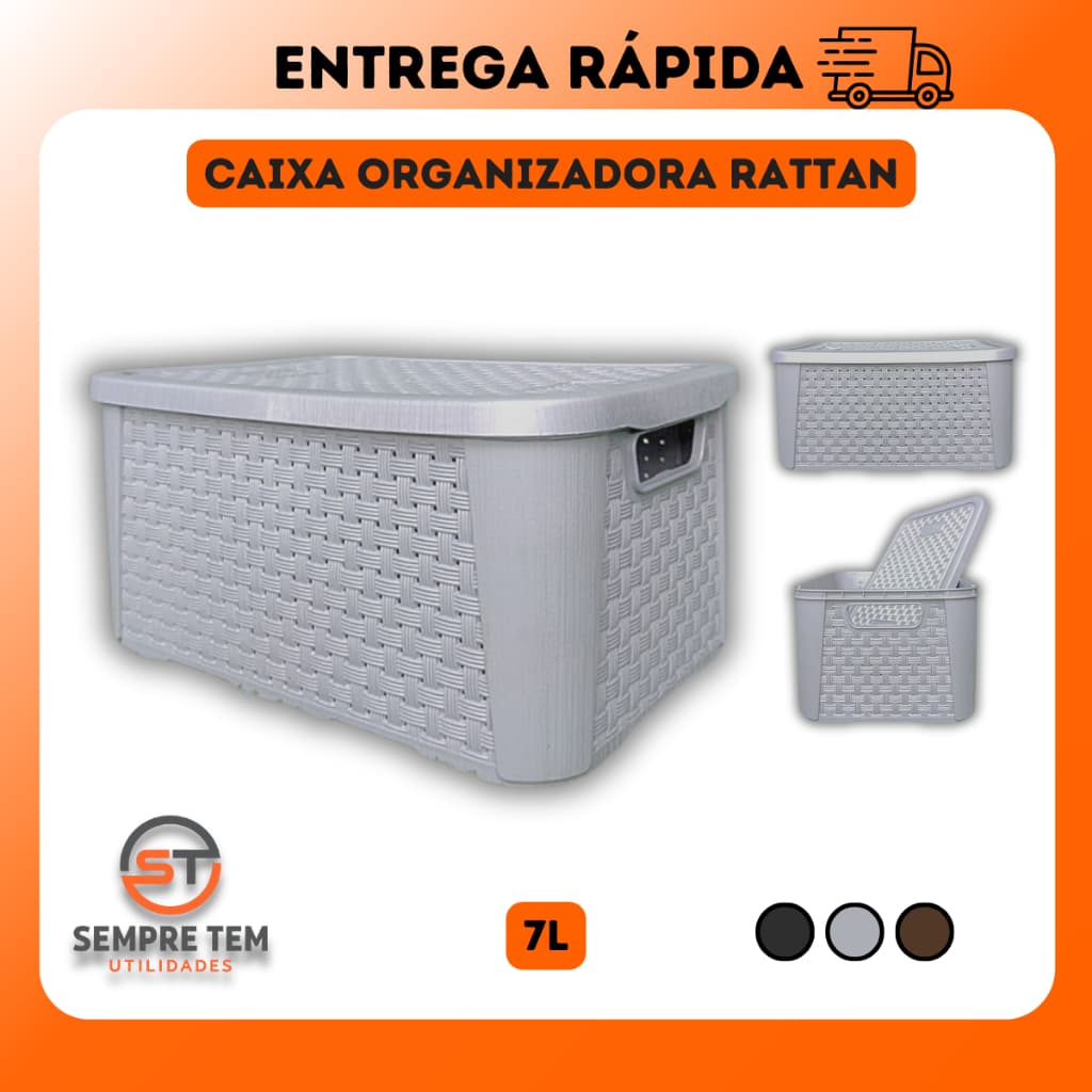 Caixa Organizadora Rattan 7 Litros Cesto Plástico Multiuso Com Tampa Organizador Cozinha Banheiro