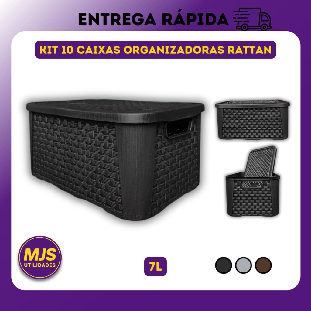10 X Caixa Organizadora Rattan 7 Litros Cesto Plastico Multiuso Com Tampa Quarto Cozinha Banheiro 7L