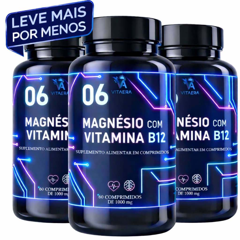 6 Magnésios + Vitamina B12 Vita Era 60 Comprimidos | Bisglicinato Citrato Malato Taurato Ascorbato Óxido