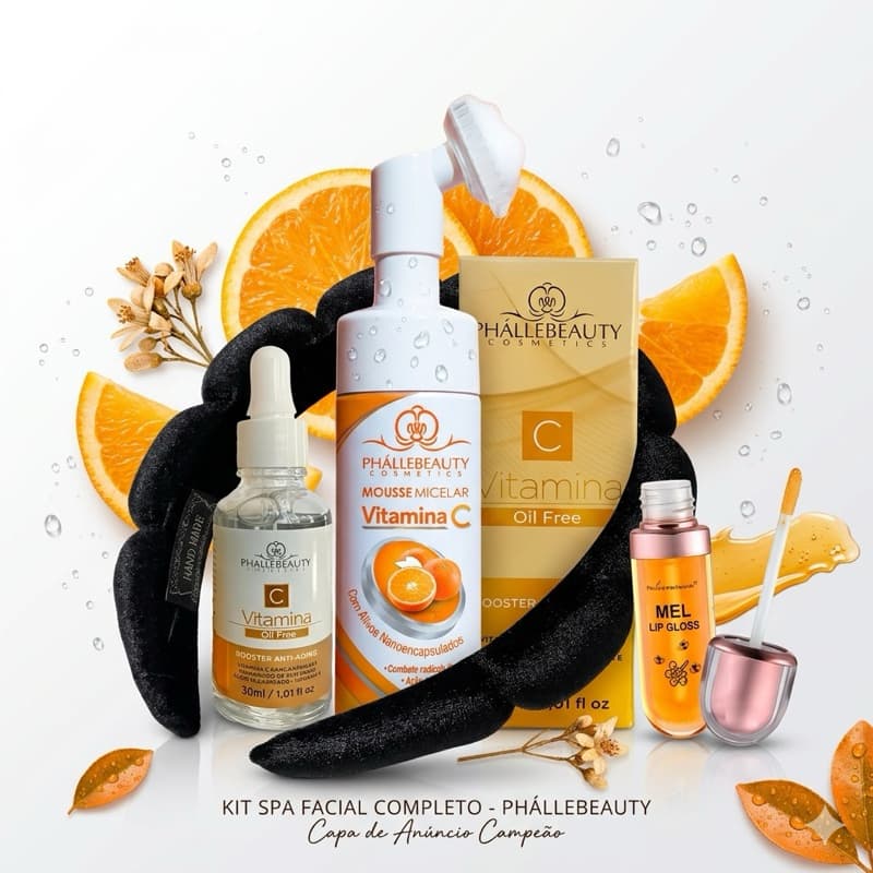 Kit Skincare Vitamina C PhalleBeauty Clareador Anti-Idade Sérum Facial + Espuma de Limpeza + Gloss Mel + Tiara Nuvem
