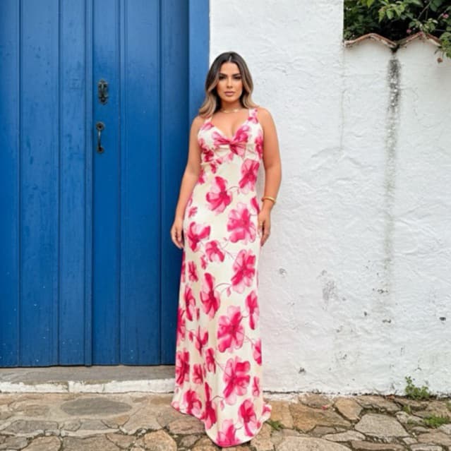 Vestido Longo Feminino Verão Estampa Tropical com Decote. Vestido longo de alça em poliamida. Vestido casual confortavel