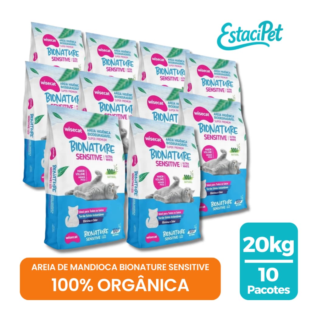 Kit 10 Areia Sanitária De Mandioca Grãos Finos Para Gatos Biodegradável Wisecat 20kg FARDO
