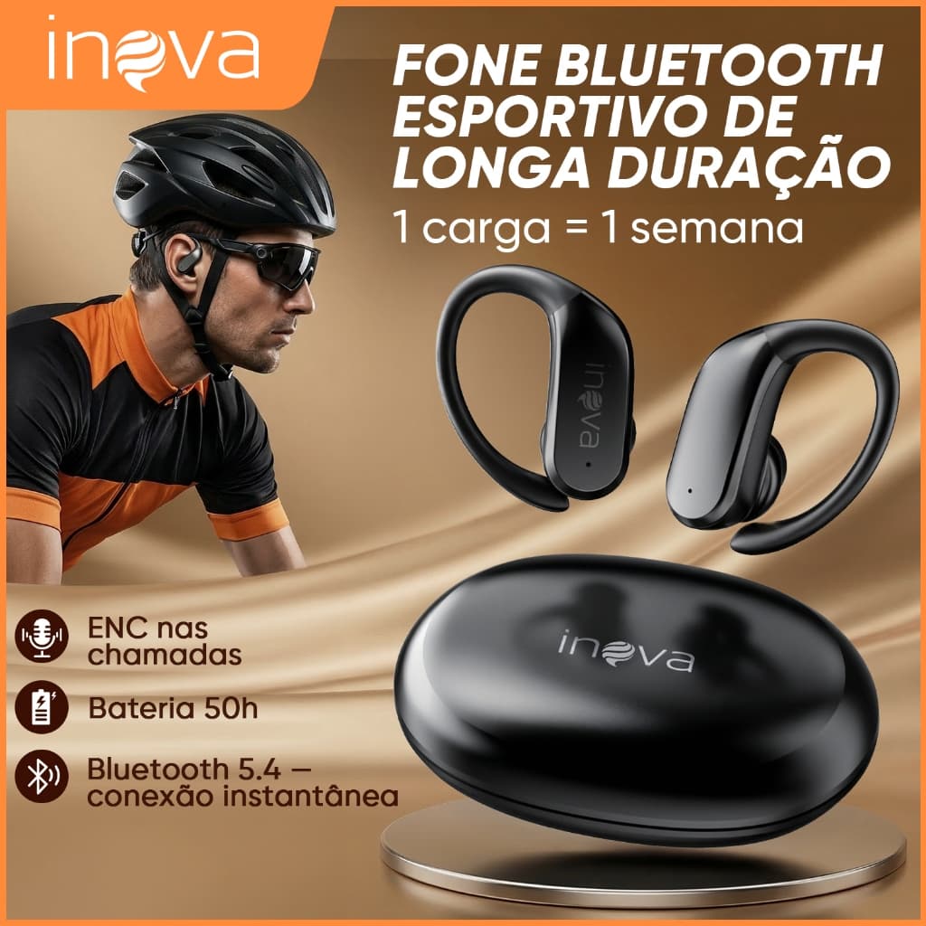 INOVA Fone de Ouvido Esportivo Sem Fio Bluetooth Com Microfone IPX5 À Prova D'Água Gancho Alta Fidelidade Estéreo