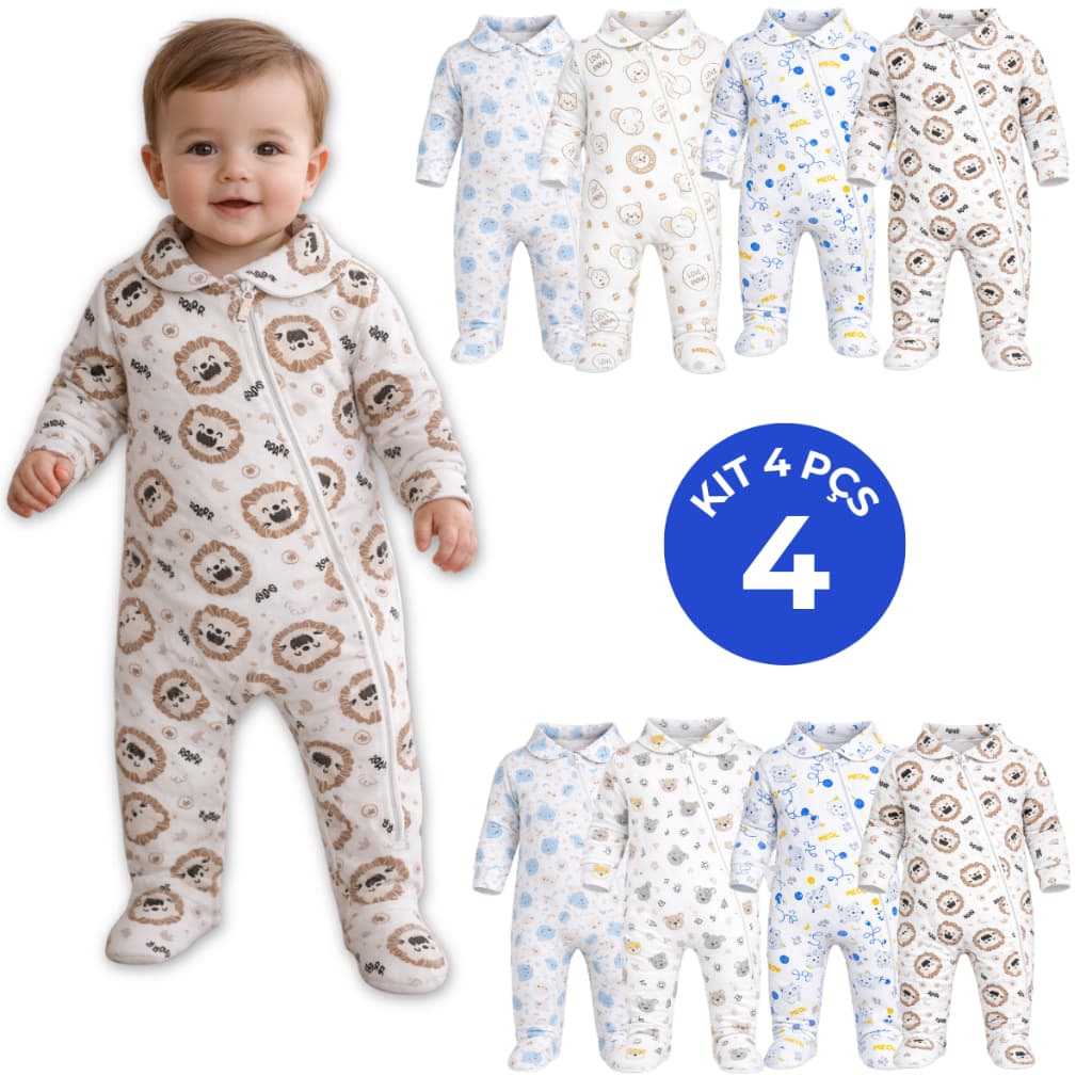 Kit 4 Macacão Longo Bebê Ribana Menino Estampada Algodão com Zíper Menina Enxoval Maternidade