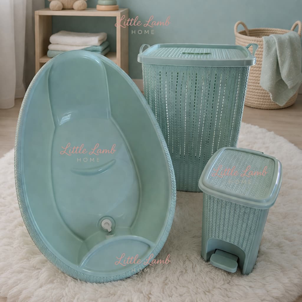 Kit Banheira Bebê Azul Linha Trama 19L com Lixeira e Cesto Organizador