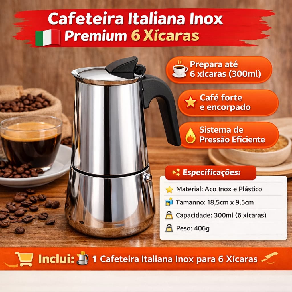 CAFETEIRA ITALIANA INOX PREPARA ATE 6 XICARAS CAFE TIPO EXPRESSO MAIS AROMATICO FRATELLI SABOR E ELEGANCIA COZINHA
