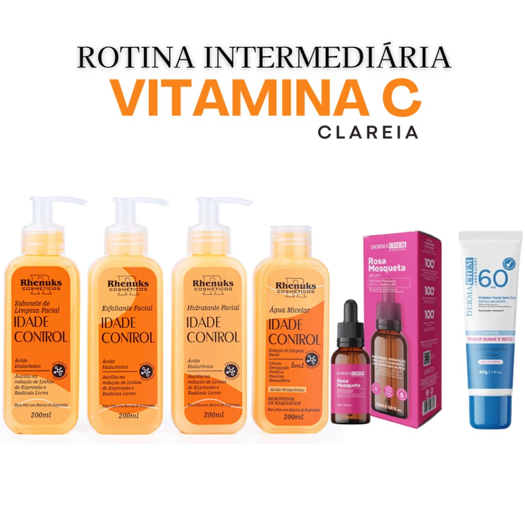 Kit Skincare Vitamina C Anti Idade +Sérum Rosa Mosqueta Clareador+Protetor Facial FPS60 Dermachem