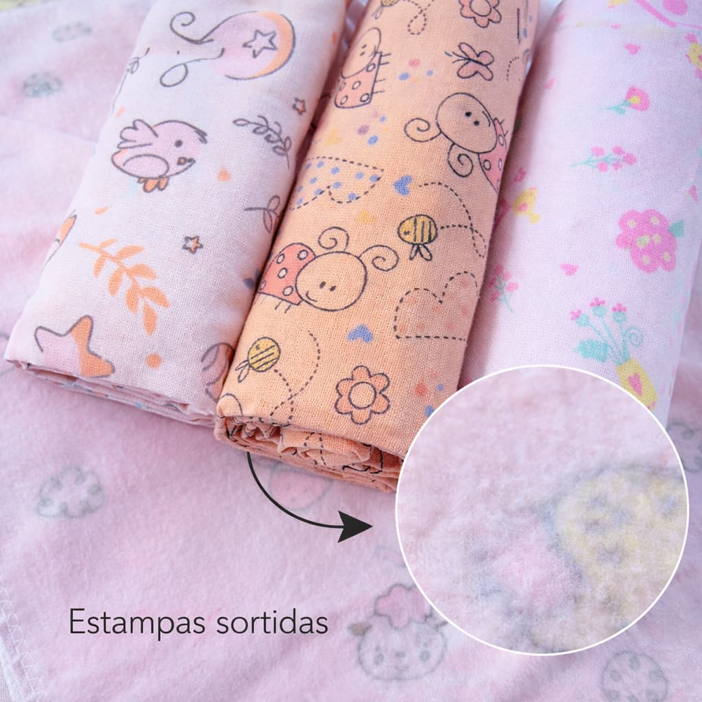 Cueiro Bebê Flanelado Kit 3 Peças 100% Algodão Manta Cueiro Recém-Nascido 100x80cm Enxoval Maternidade Chá de Bebê