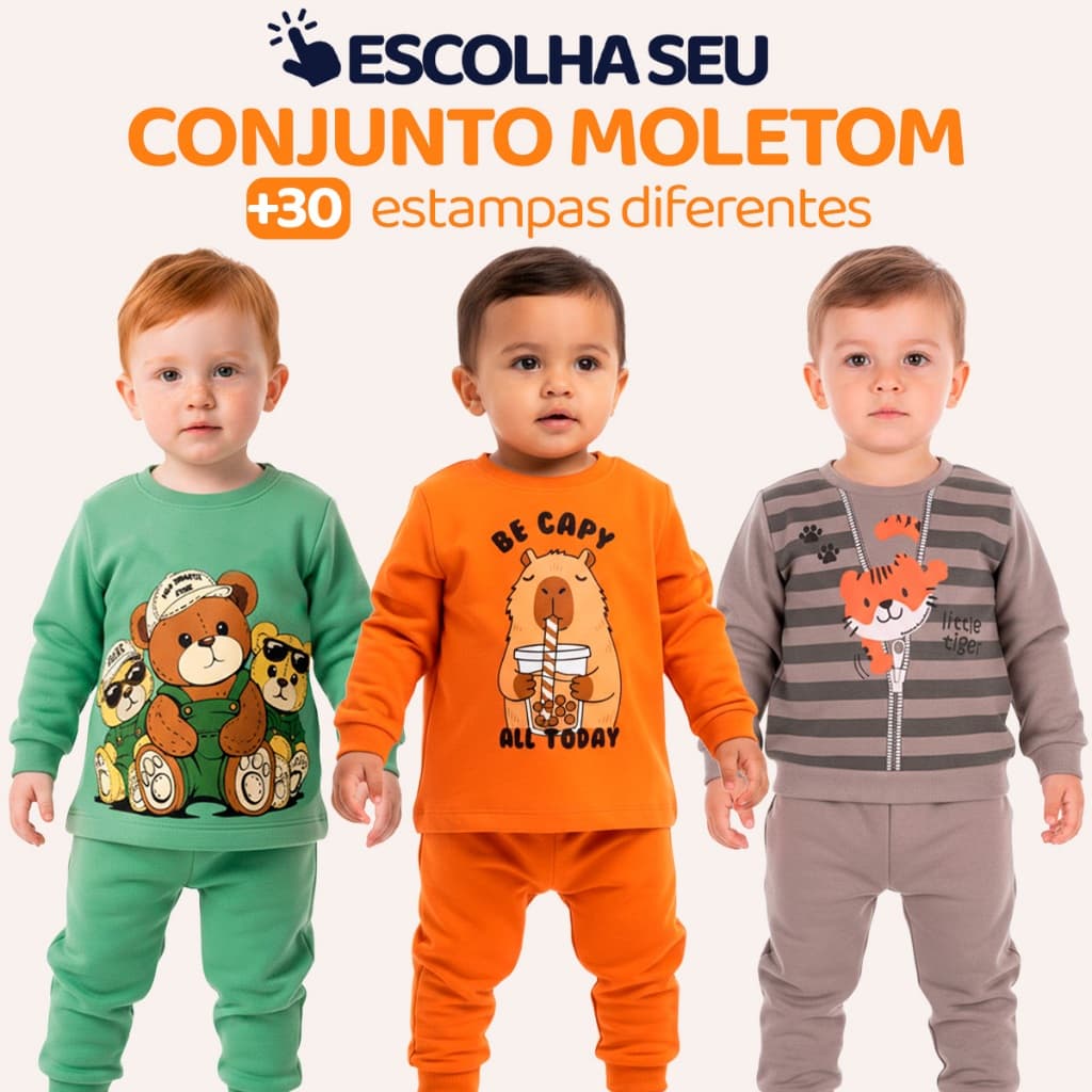 Conjunto Moletom Bebê Menino Neném Blusa e Calça Manga Longa Roupa de Frio Inverno Masculino Agasalho com Estampa L04