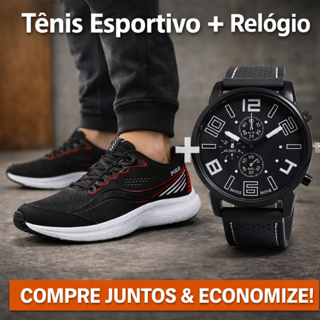 Kit Tênis Masculino Casual Esportivo + Relógio Analógico Tênis Confortável Com Solado Amortecedor