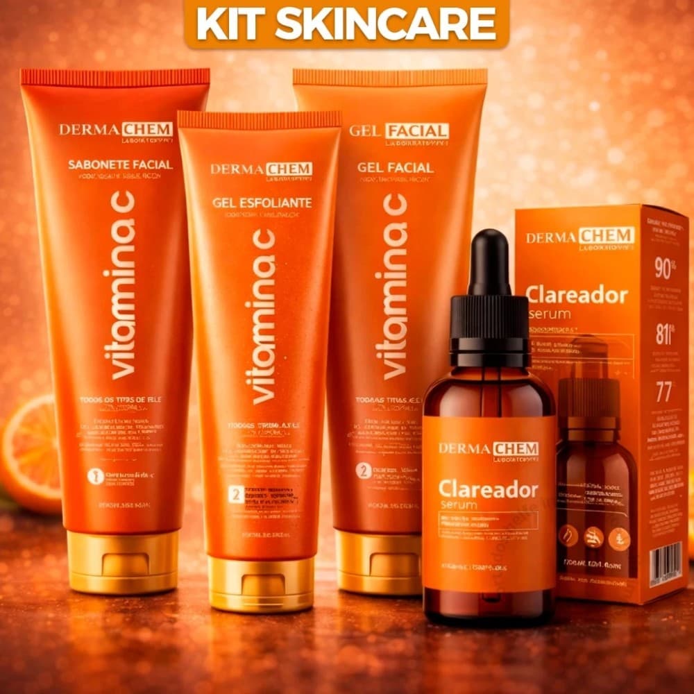 KIT 4 UNIDADES VITAMINA C SERUM GEL ESFOLIANTE SABONETE ANTI-IDADE COM 4 UNIDADES