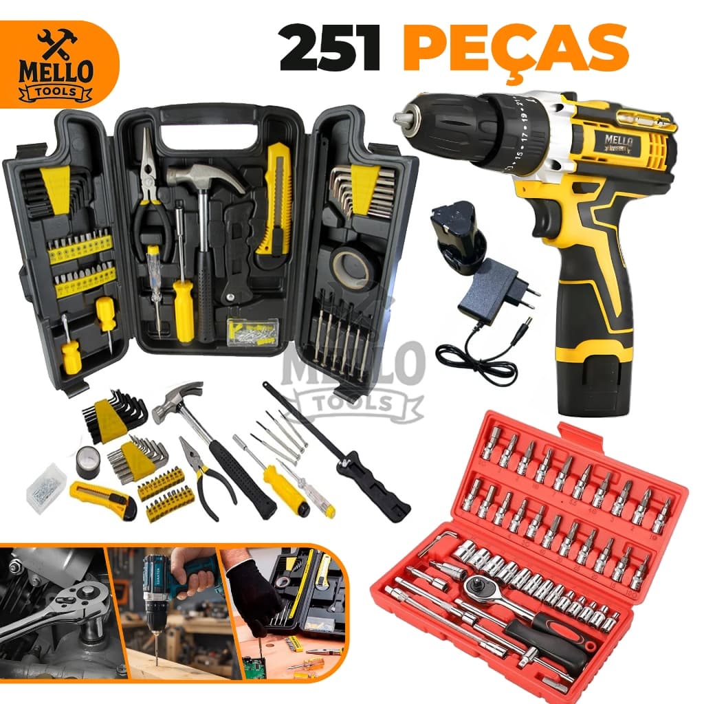 Furadeira Parafusadeira 12V com Kit Ferramentas 251 Peças Profissional Completo