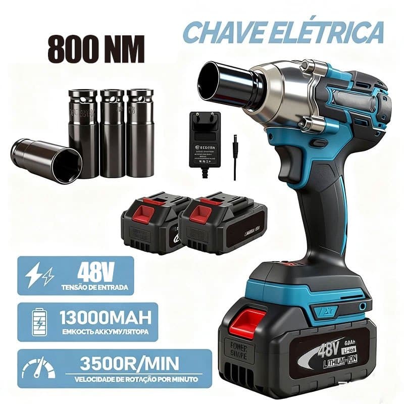 Chave de Impacto Profissional 48V - 2 Baterias, Alto Torque e Kit Completo