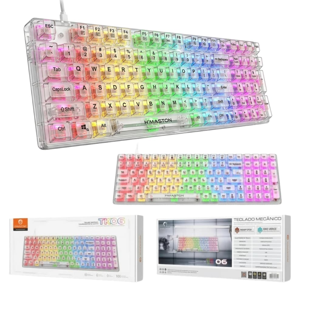 Teclado Mecanico Gamer 90% RGB Tecla Transparente Com Fio Design Crystal Switch Azul Marrom