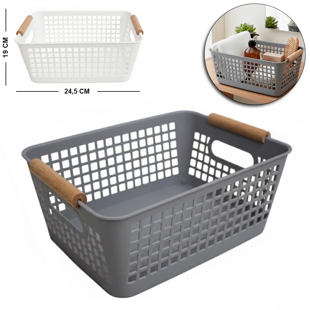 Cesto Organizador Plástico Vazado Alça Madeira 24,5x19x10cm Cozinha Banheiro