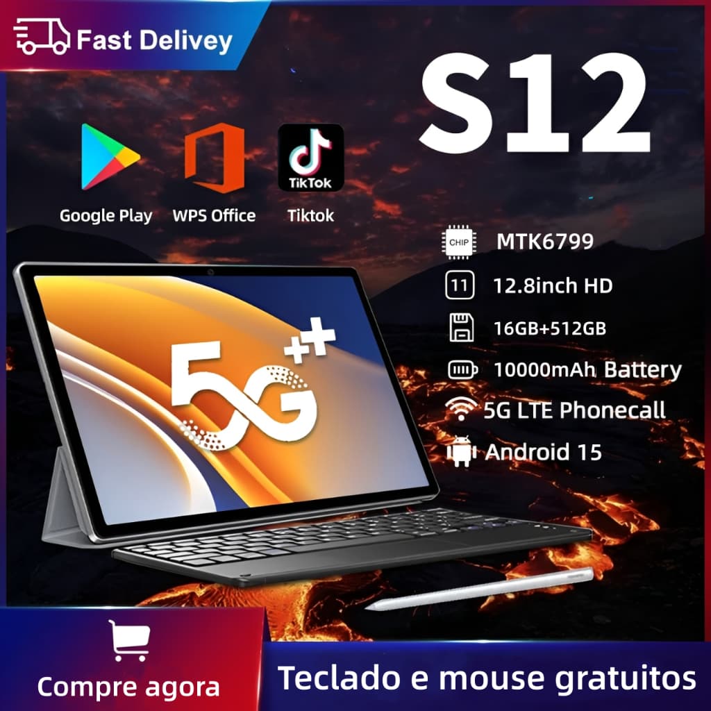 【Teclado e mouse gratuitos】Tablet Galaxy S12 Tab Pad de 12,8 polegadas, 12 GB + 512 GB, 10000 mAh, Android15 5G Tab