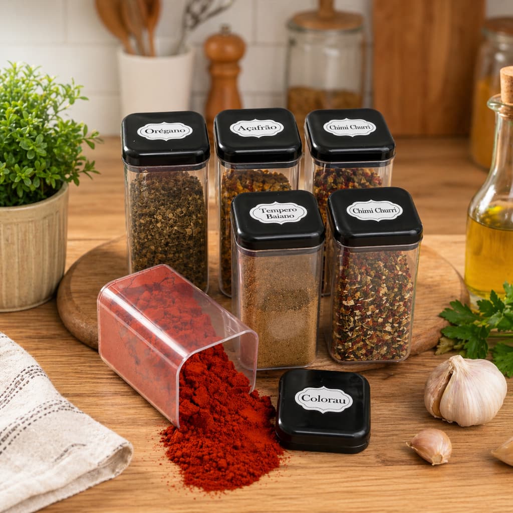 kit 6 Potes porta Temperos Condimentos Sal Parrilha 180ml Tampa Dupla Reforçada com Etiquetas