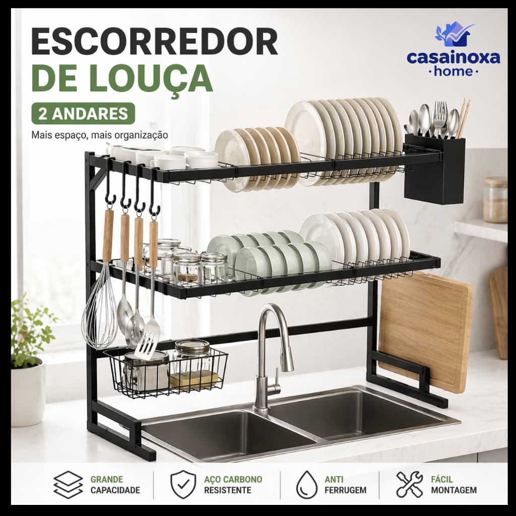 Escorredor de Louça 2 Andares Sobre Pia Porta Pratos Organizador de Cozinha Grande Capacidade  65/85cm Multiuso